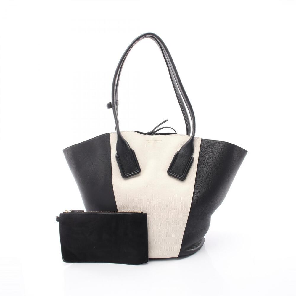 Bottega Veneta Basket Tote Bag Canvas Leather Ivory White Black